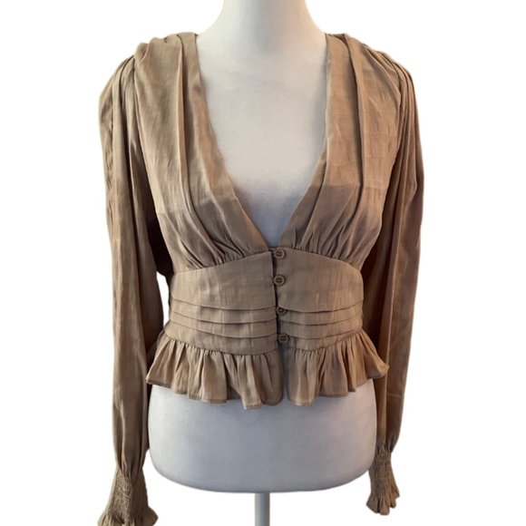 HYFVE Tops - Hyfve Taupe Deep V-Neck Long Sleeve Crop Top Size Large New With Tags